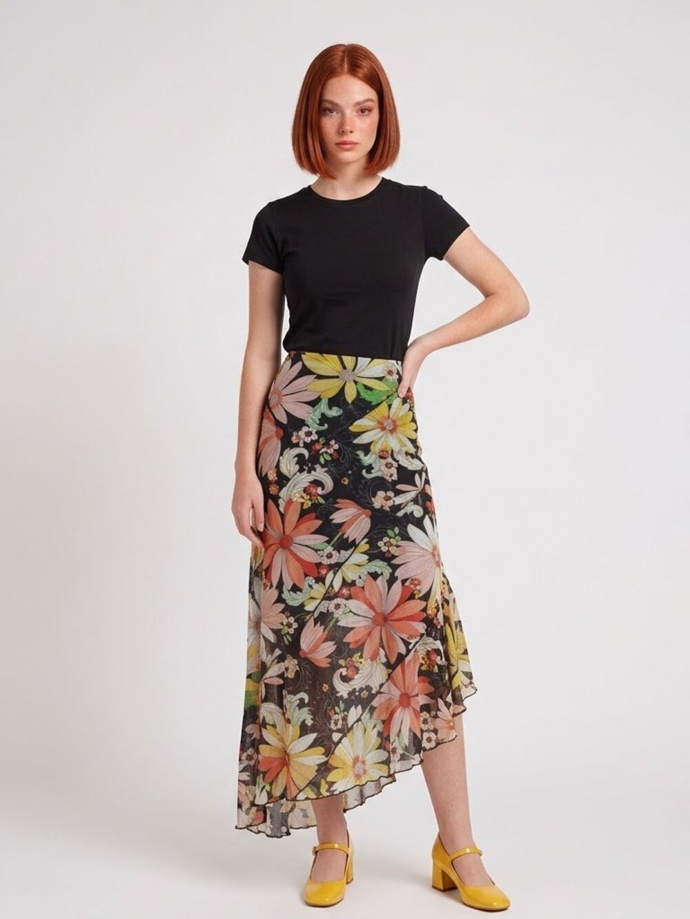 Isalis Floral Pencil Skirt - Black and Multicolor